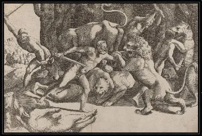 Картина Пять человек сражаются со зверями