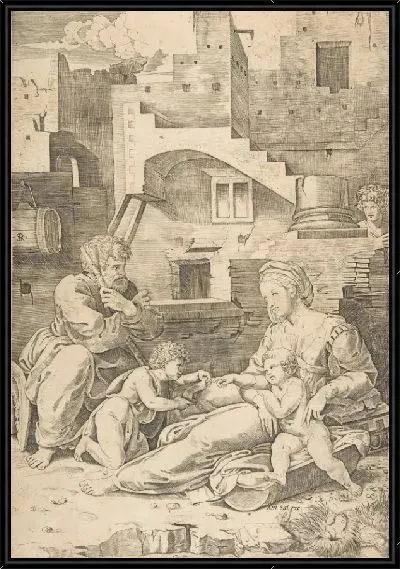 Картина Дева с длинным бедром; Дева, лежащая на Земле, ее левая нога вытянута, поддерживая младенца Христа, который тянется к младенцу Иоанну Крестителю, Иосиф сидит слева, здания на заднем плане