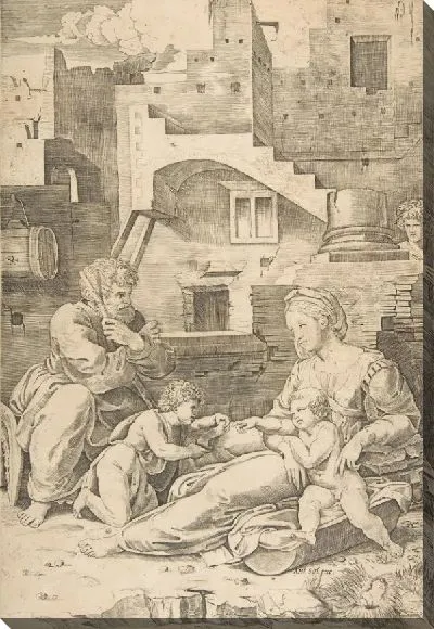 Картина Дева с длинным бедром; Дева, лежащая на Земле, ее левая нога вытянута, поддерживая младенца Христа, который тянется к младенцу Иоанну Крестителю, Иосиф сидит слева, здания на заднем плане