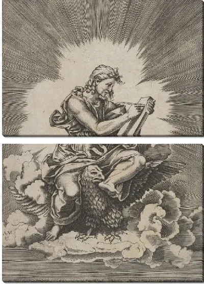 Картина Святой Иоанн, сидящий и держащий письменный прибор на табличке, орел с распростертыми крыльями под ногами, из серии четырех евангелистов после Агостино Венециано, которые, в свою очередь, следуют за Джулио Романо