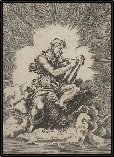 Картина Святой Иоанн, сидящий и держащий письменный прибор на табличке, орел с распростертыми крыльями под ногами, из серии четырех евангелистов после Агостино Венециано, которые, в свою очередь, следуют за Джулио Романо