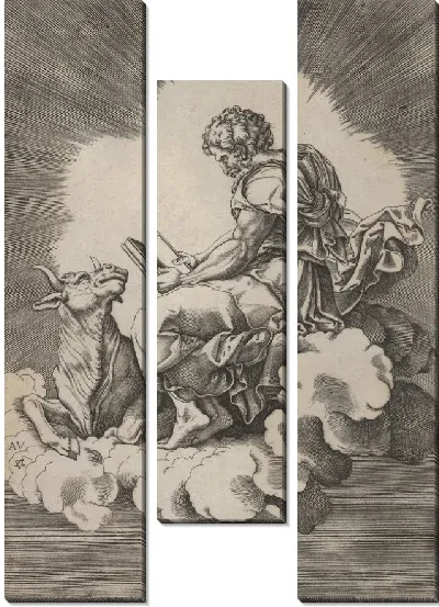 Картина Святой Лука, сидящий на облаке с открытой книгой в обеих руках, бык, лежащий у его ног, из серии четырех евангелистов после Агостино Венециано, которые в свою очередь следуют за Джулио Романо