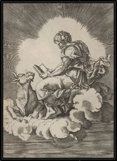 Картина Святой Лука, сидящий на облаке с открытой книгой в обеих руках, бык, лежащий у его ног, из серии четырех евангелистов после Агостино Венециано, которые в свою очередь следуют за Джулио Романо