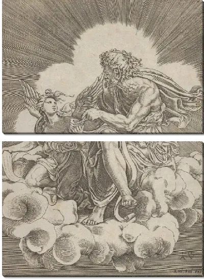 Картина Святой Матфей, сидящий на облаке и опускающий перо в чернильницу, которую держит ангел, который также держит свиток, из серии четырех евангелистов после Джулио Романо