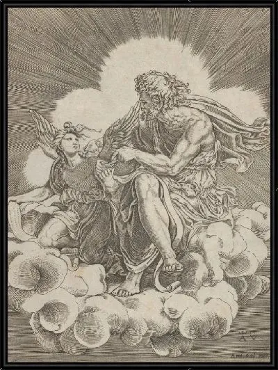 Картина Святой Матфей, сидящий на облаке и опускающий перо в чернильницу, которую держит ангел, который также держит свиток, из серии четырех евангелистов после Джулио Романо