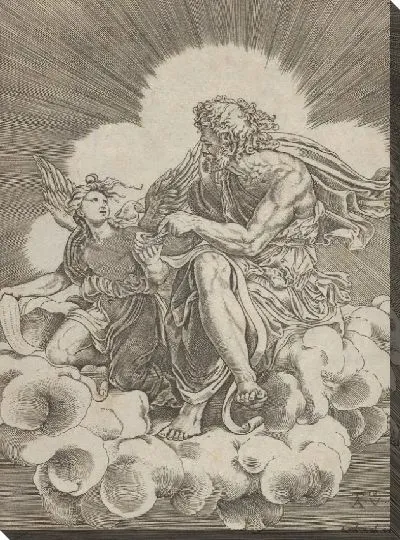 Картина Святой Матфей, сидящий на облаке и опускающий перо в чернильницу, которую держит ангел, который также держит свиток, из серии четырех евангелистов после Джулио Романо