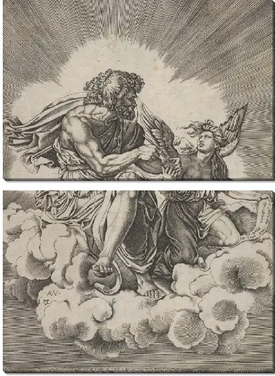 Картина Святой Матфей, сидящий на облаке со скрещенными ногами и опускающий перо в чернильницу, которую держит ангел, также имеющий именной свиток, из серии из четырех евангелистов после Агостино Венециано, которые, в свою очередь, следуют за Джулио Романо