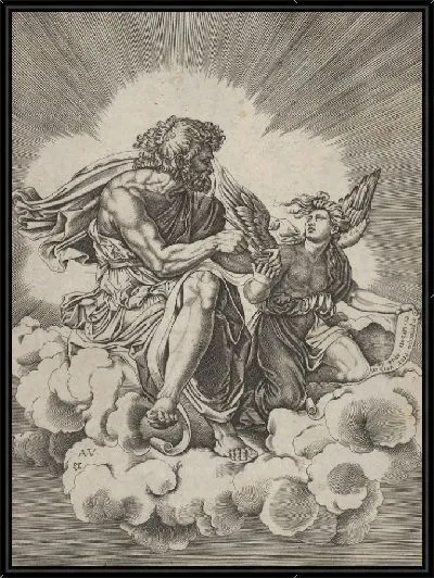 Картина Святой Матфей, сидящий на облаке со скрещенными ногами и опускающий перо в чернильницу, которую держит ангел, также имеющий именной свиток, из серии из четырех евангелистов после Агостино Венециано, которые, в свою очередь, следуют за Джулио Романо