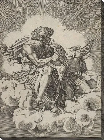 Картина Святой Матфей, сидящий на облаке со скрещенными ногами и опускающий перо в чернильницу, которую держит ангел, также имеющий именной свиток, из серии из четырех евангелистов после Агостино Венециано, которые, в свою очередь, следуют за Джулио Романо