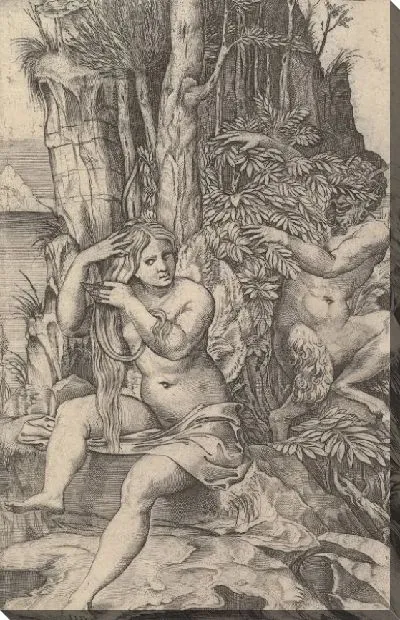 Картина Пан шпионил за нимфой Сиринкс, которая сидела на камне и расчесывала свои волосы