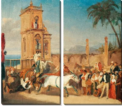 Картина Дикие лошади, в начале гонки на итальянской площади
