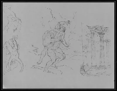 Геракл и Антоний; падение Фаэтора (Икара?); Классическая архитектура; жертвоприношение Исаака [?] (после Рембрандта?) (из альбома для рисования)