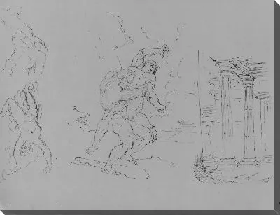 Геракл и Антоний; падение Фаэтора (Икара?); Классическая архитектура; жертвоприношение Исаака [?] (после Рембрандта?) (из альбома для рисования)