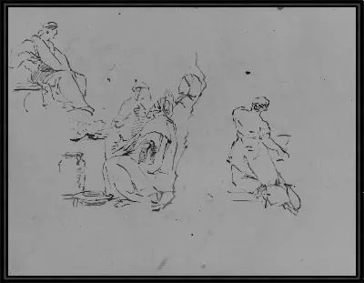 Сидящая фигура, трое мужчин в группе, коленопреклоненная женщина сзади, коленопреклоненная женщина сзади (из альбома для рисования)