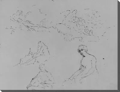 Картина Причитания (?); Мать и дитя в пейзаже; Кающаяся Магдалина; сидящий мужчина за столом; Сидящая женщина с письмом в руках (Батшеба, по Рембрандту) (из альбома для эскизов)