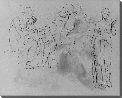 Картина Мадонна с Христом и Иоанном Крестителем [?]; Три херувима; стоящая Классическая женская фигура, держащая чашу (из альбома для рисования)