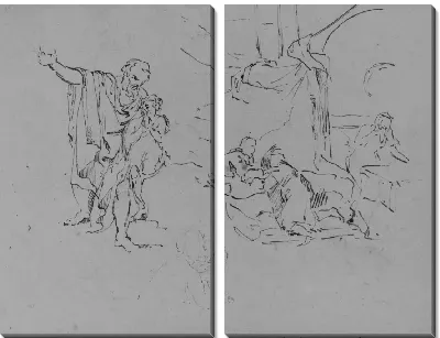 Картина Мужчина жестикулирует, изучает композицию, женщина гладит собаку (из альбома для рисования)