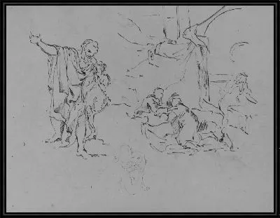 Мужчина жестикулирует, изучает композицию, женщина гладит собаку (из альбома для рисования)