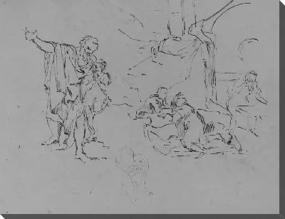 Мужчина жестикулирует, изучает композицию, женщина гладит собаку (из альбома для рисования)