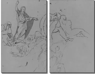 Картина Мужчина проповедует с поднятой рукой, два обнаженных мужчины, Мужчина играет на арфе (из альбома для рисования)