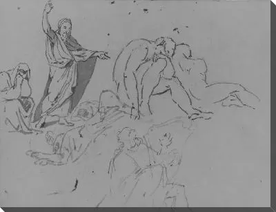 Картина Мужчина проповедует с поднятой рукой, два обнаженных мужчины, Мужчина играет на арфе (из альбома для рисования)