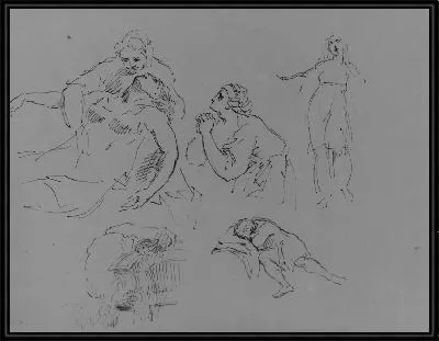 Умирающая фигура в объятиях женщины; молящаяся женщина; стоящая женщина; архитектурная деталь; Спящая фигура (из альбома для эскизов)