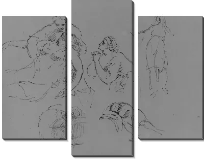 Умирающая фигура в объятиях женщины; молящаяся женщина; стоящая женщина; архитектурная деталь; Спящая фигура (из альбома для эскизов)