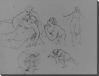 Умирающая фигура в объятиях женщины; молящаяся женщина; стоящая женщина; архитектурная деталь; Спящая фигура (из альбома для эскизов)