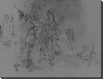 Картина Семь фигур: приближающийся монарх, три прогуливающиеся женщины, Женщина в пол-роста, опирающаяся на каминную полку (из альбома для рисования)