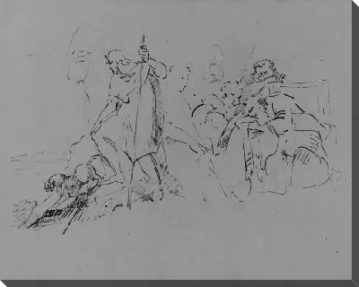 Картина Человек и собака нависают над далеким пейзажем; сидящий человек рушится, сопровождаемый тремя фигурами (из альбома для рисования)