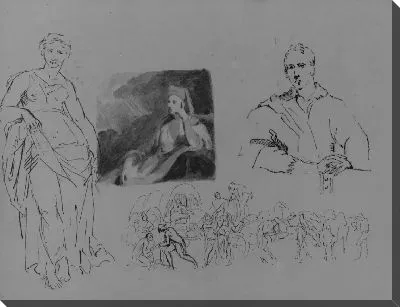 Картина Стоящая задрапированная женская фигура; портрет священнослужителя; поясной портрет мужчины; фигуры с повозками и лошадьми (сцена Наполеона?) (из альбома для рисования)