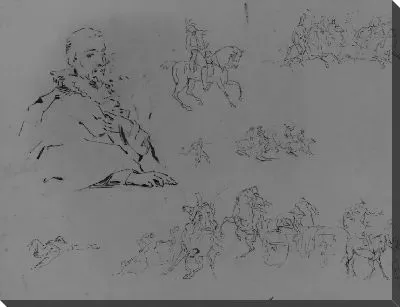 Картина Сидящий мужчина (после Ван Дейка); Солдат на коне; Солдаты на лошадях; Умирающая фигура; Солдаты на лошадях; Мертвая фигура; Военная сцена (альбома для рисования)