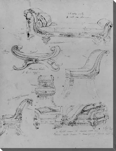 Картина Эскизы шезлонгов и стульев в стиле ампир, сиденья у окна (из альбома для рисования)