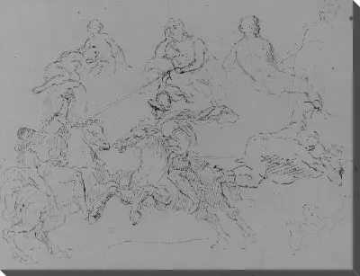 Картина Различные эскизы фигур, в том числе два сражающихся коня, два борца (из альбома для рисования)