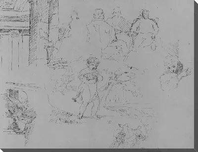 Картина Два архитектурных наброска; трое мужчин сидят за столом; ребенок держит домашнее животное в пейзаже; фигура появляется за углом; сцена из Юлия Цезаря (из альбома для эскизов)