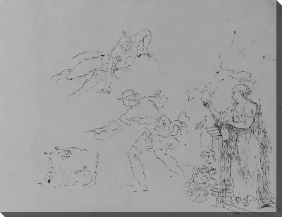 Картина Мужчина [Breaking Fall]; Кобель, жестикулирующий к собаке; Женщина на ступеньках, прислоняющаяся к колонне листвой (из альбома для рисования)