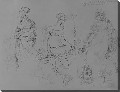 Картина Одна стоящая женщина; две сидящие женщины в модных нарядах, все длиной 3/4; две женские головы в шляпках (из альбома для эскизов)