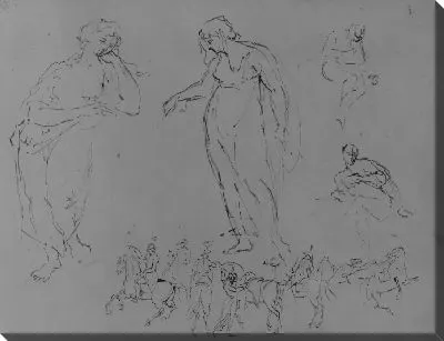 Картина Четыре драпированные фигуры; шесть конных фигур (из альбома для рисования)
