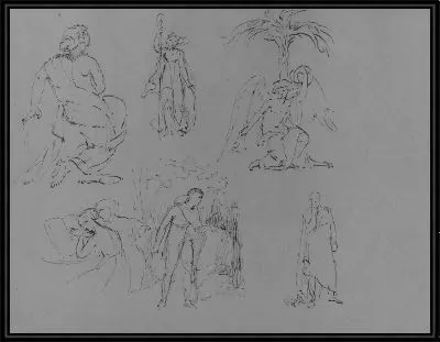 Картина Шесть рисунков, в том числе ангел, сидящий под пальмой (из альбома для рисования)