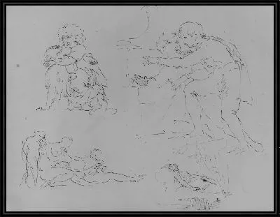 Картина Ребенок с собакой; две фигуры в столкновении; две фигуры и ребенок, ухаживающий за умирающим мужчиной [?]; Рисунок на смертном одре (из альбома для рисования)