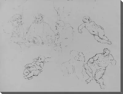 Картина Трое сидящих мужчин беседуют; двое лежащих детей; спина атлета; сидящая мужская фигура (из альбома для рисования)