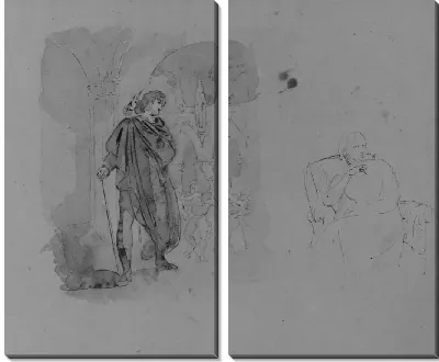 Картина Мужчина в плаще с посохом наблюдает за рукопашной схваткой; Сидящая женщина (из альбома для рисования)