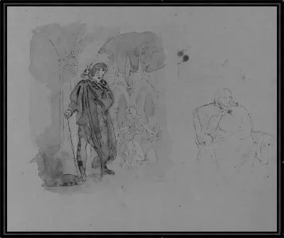 Мужчина в плаще с посохом наблюдает за рукопашной схваткой; Сидящая женщина (из альбома для рисования)