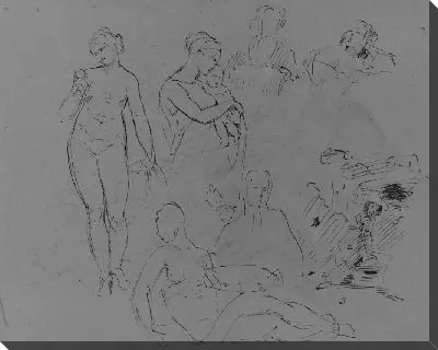 Картина Семь фигурных эскизов: Стоящая обнаженная женщина с фруктами; Мадонна с младенцем (?); Два женских бюста; лежачая полуобнаженная фигура и т. д. (из альбома для рисования)