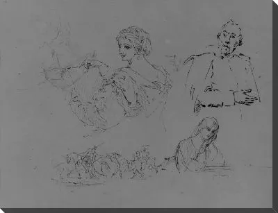 Картина Женщина делает наброски; две женщины читают; портрет мужчины (после Ван Дайка?); Женский портрет в пол-роста; две конные фигуры, ведущие лошадь (из этюдника)