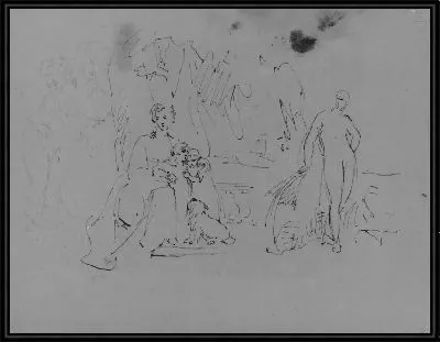 Картина Женщина с двумя детьми и собакой; стоящая фигура (из альбома для рисования)