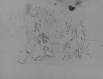 Картина Женщина с двумя детьми и собакой; стоящая фигура (из альбома для рисования)