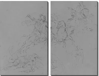 Картина Пять рисунков и групповых набросков, включая двух сражающихся наездников и мертвого воина (из альбома для рисования)