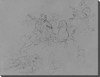 Картина Пять рисунков и групповых набросков, включая двух сражающихся наездников и мертвого воина (из альбома для рисования)