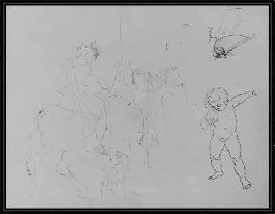 Картина Стоящая женщина; ребенок, прислонившийся к аквариуму; Плачущий путто; Конный солдат; Брыкающаяся лошадь и упавший всадник; полуобнаженная сидящая фигура; гребная лодка (из альбома для рисования)